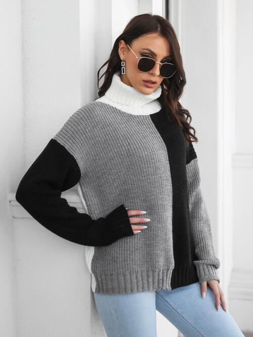 Contrast Turtleneck Long Sleeve Sweater - Deals DejaVu