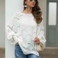 Full Size Boat Neck Lantern Sleeve Openwork Knit Top - Deals DejaVu
