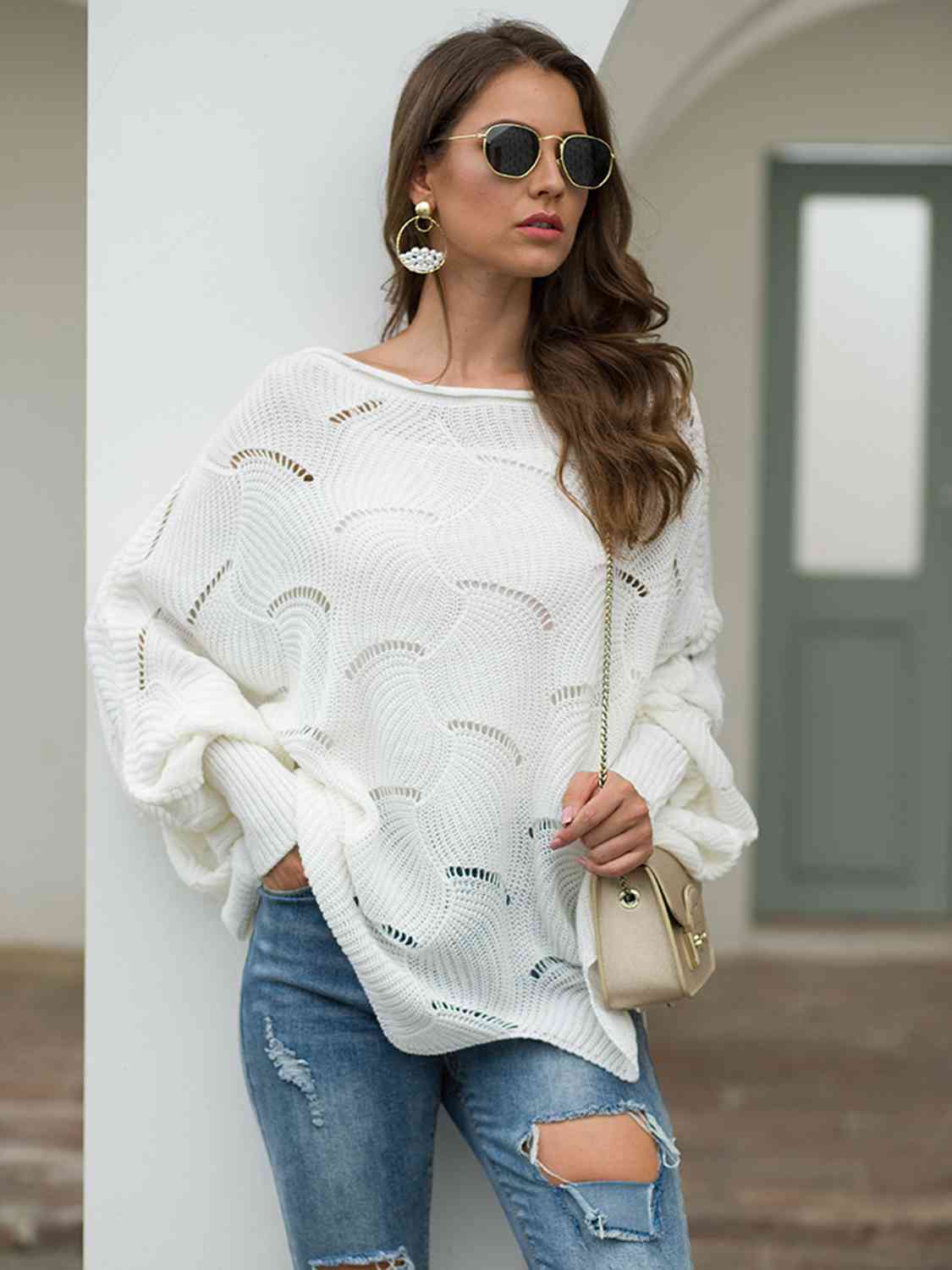 Full Size Boat Neck Lantern Sleeve Openwork Knit Top - Deals DejaVu