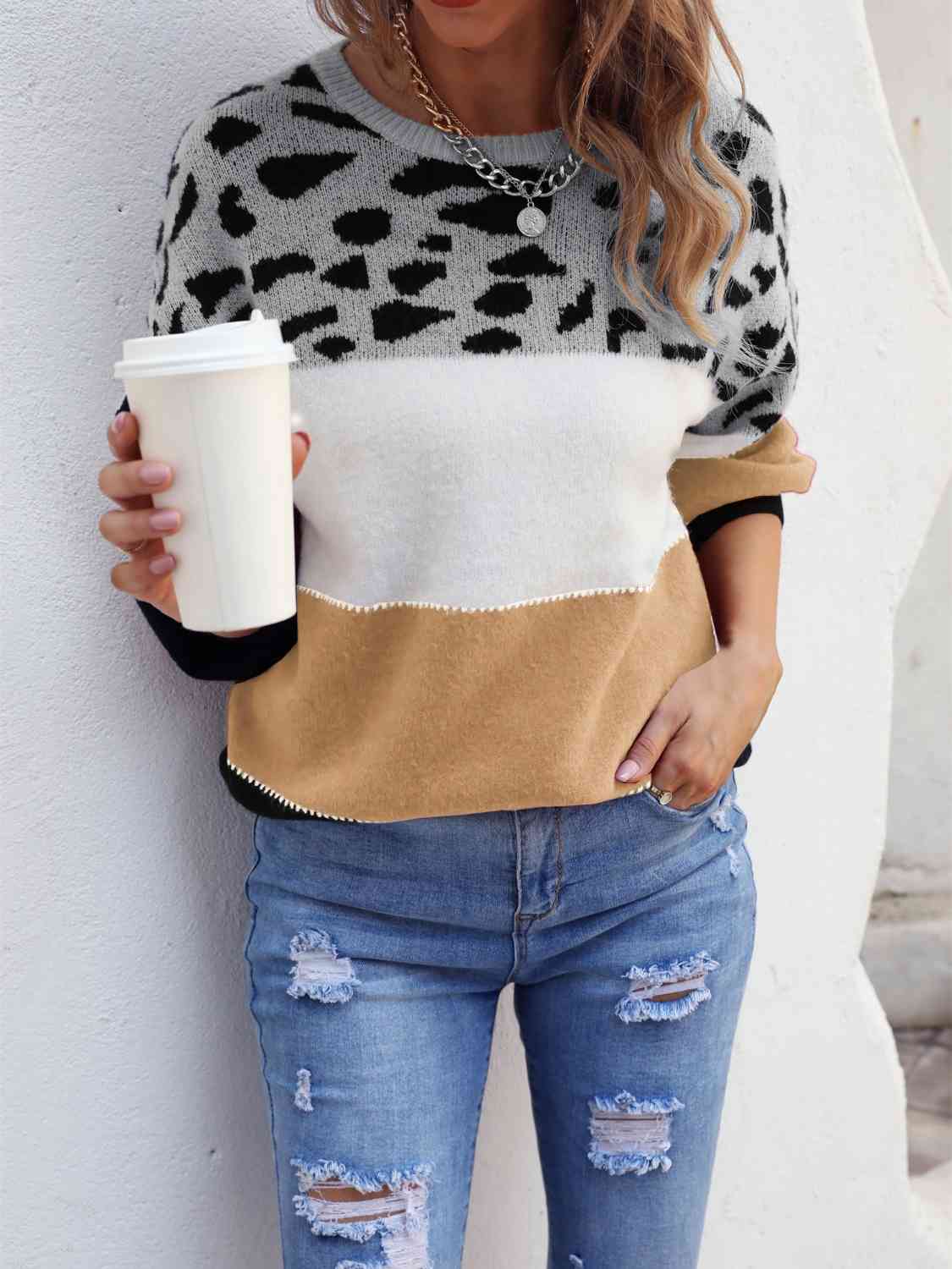 Color Block Round Neck Sweater - Deals DejaVu