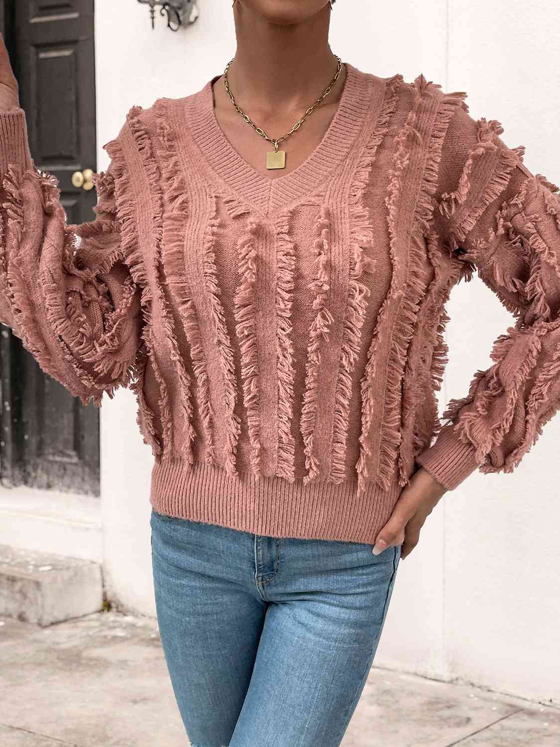 Frill Trim V-Neck Sweater - Deals DejaVu