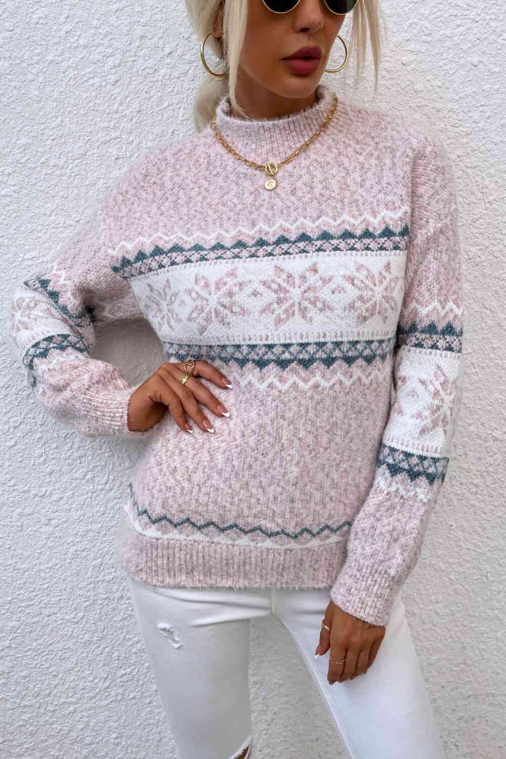 Snowflake Pattern Mock Neck Sweater - Deals DejaVu