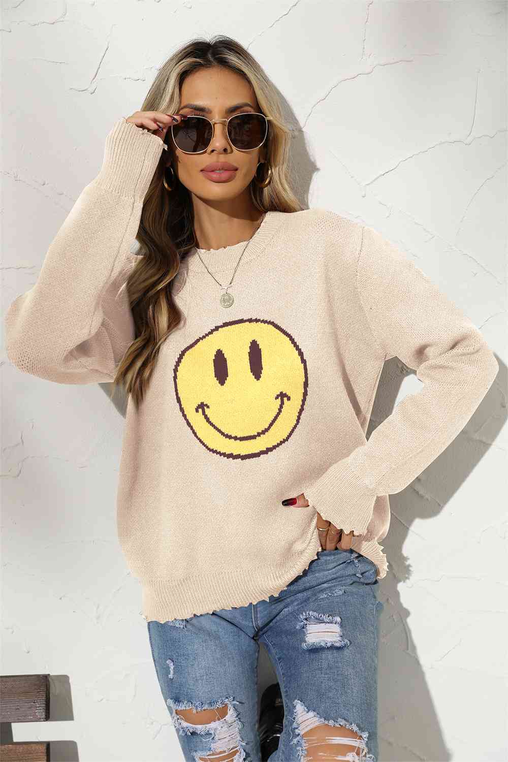 Round Neck Long Sleeve Smily Face Graphic Sweater (BFD) T - Deals DejaVu