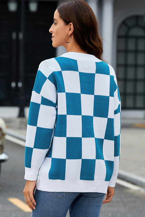 Checkered Button-Up Dropped Shoulder Cardigan