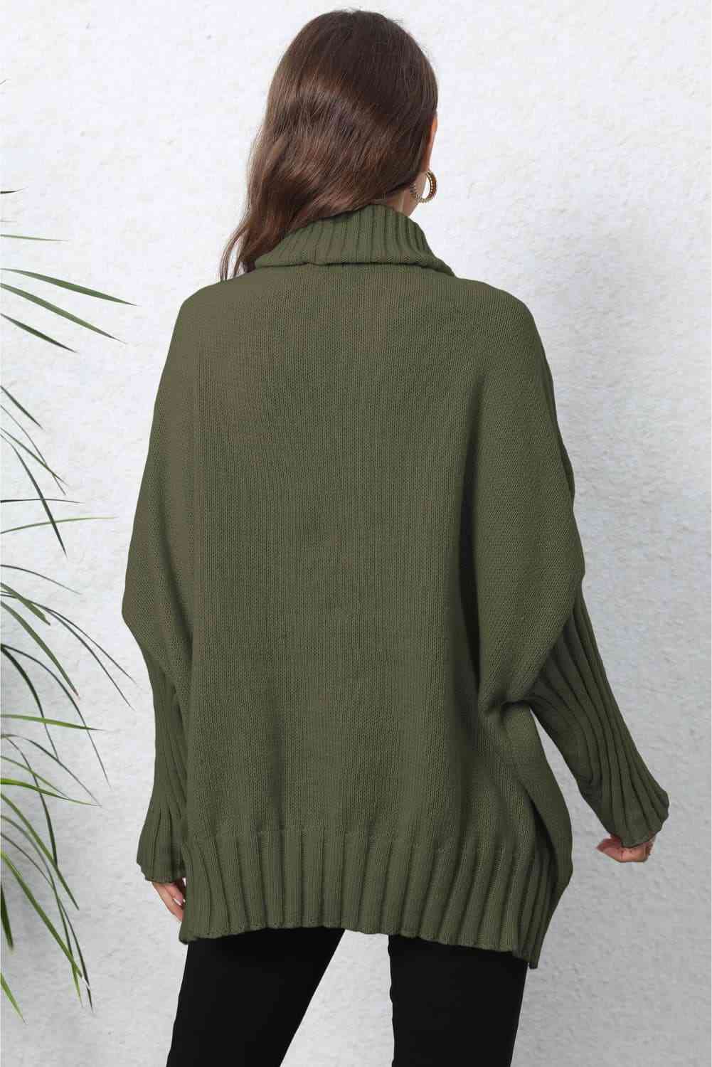 Turtle Neck Long Sleeve Ribbed Sweater - Deals DejaVu