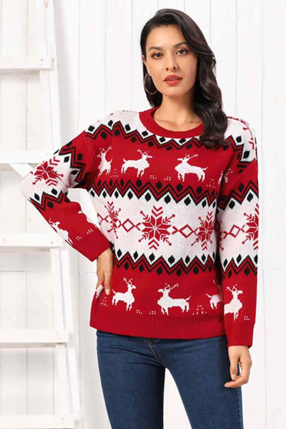 Reindeer Round Neck Sweater - Deals DejaVu