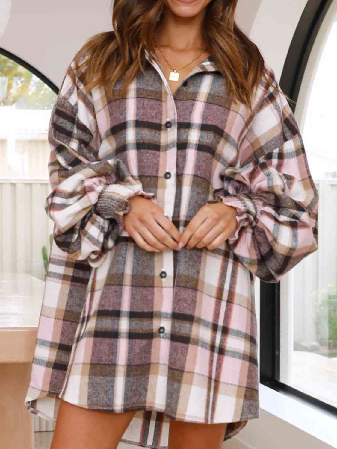 Plaid Lantern Sleeve Shirt (BFD) T - Deals DejaVu