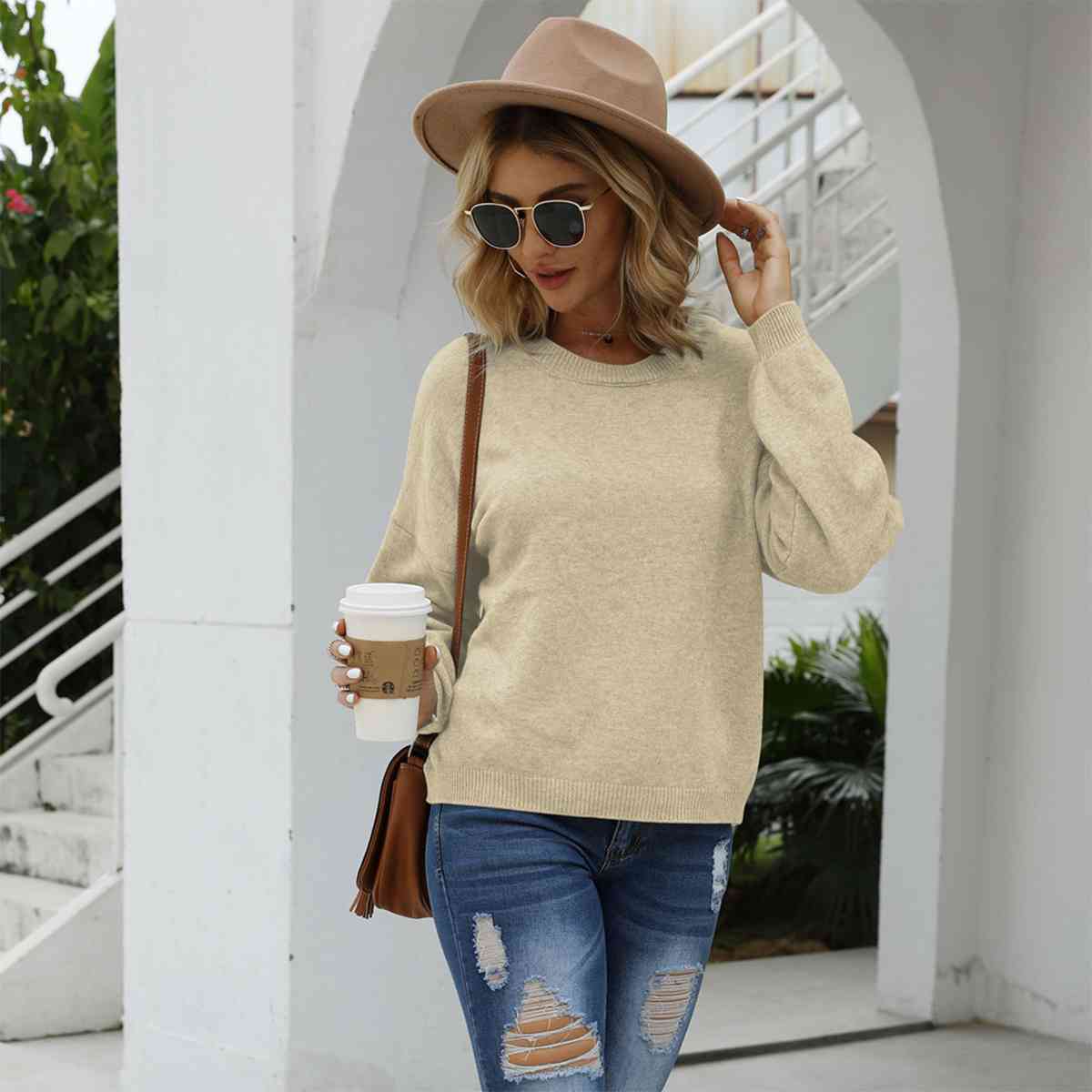 Round Neck Long Sleeve Drop Shoulder Sweater - Deals DejaVu