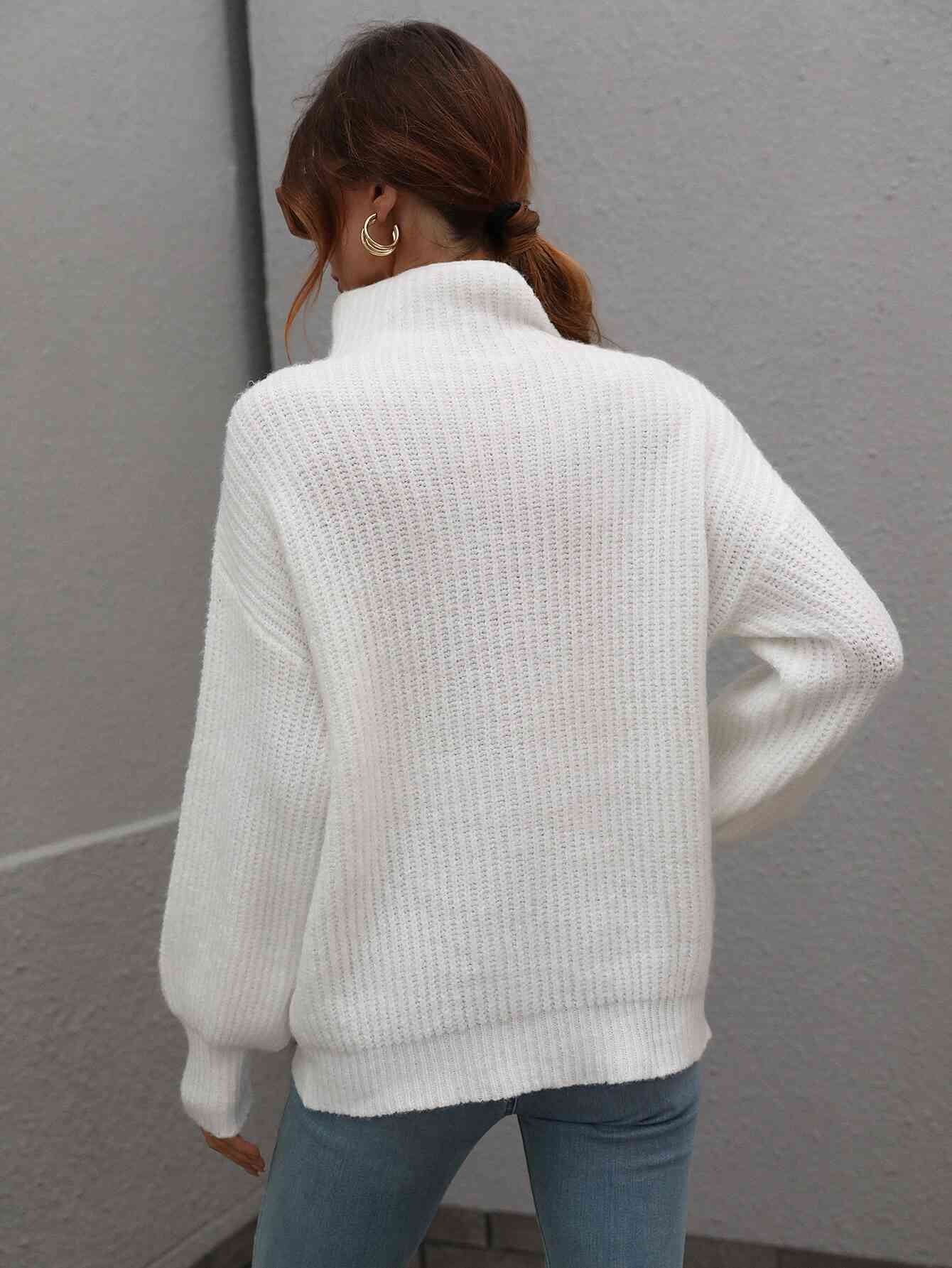 Woven Right High Neck Balloon Sleeve Rib-Knit Pullover Sweater