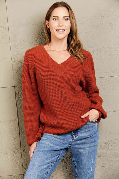 Woven Right Rib-Knit Drop Shoulder V-Neck Sweater