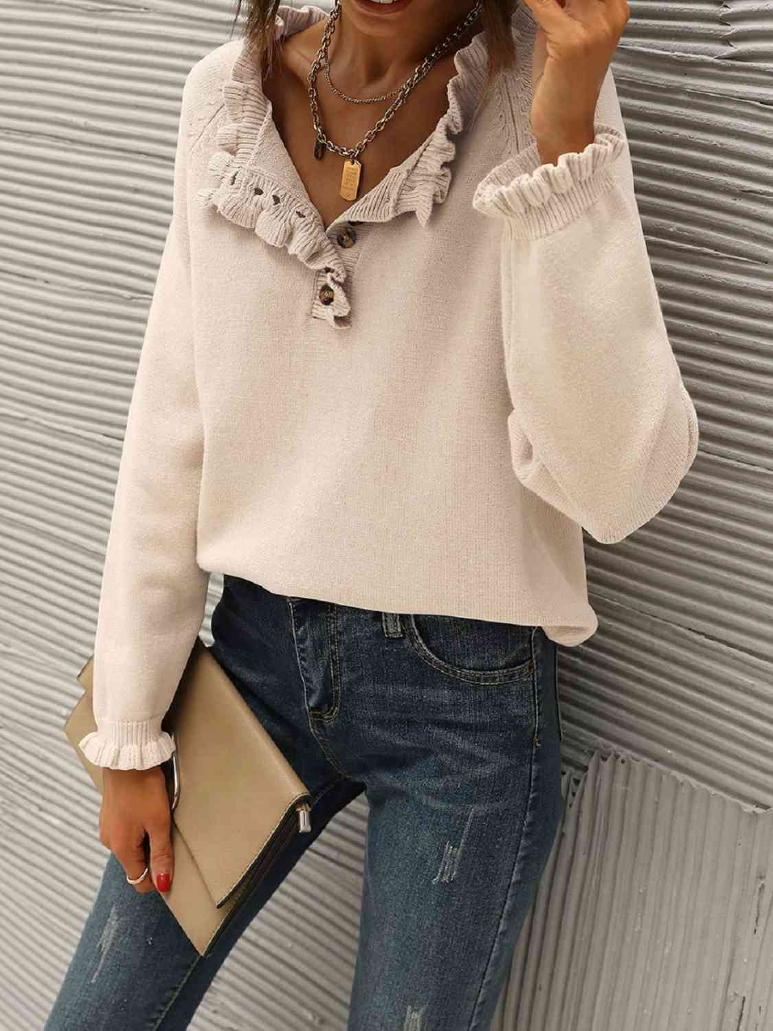 Ruffled Quarter-Button Sweater - Deals DejaVu