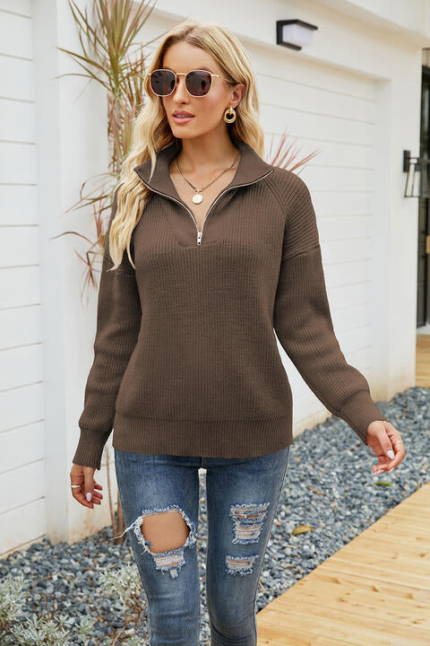 Quarter-Zip Collared Neck Sweater - Deals DejaVu