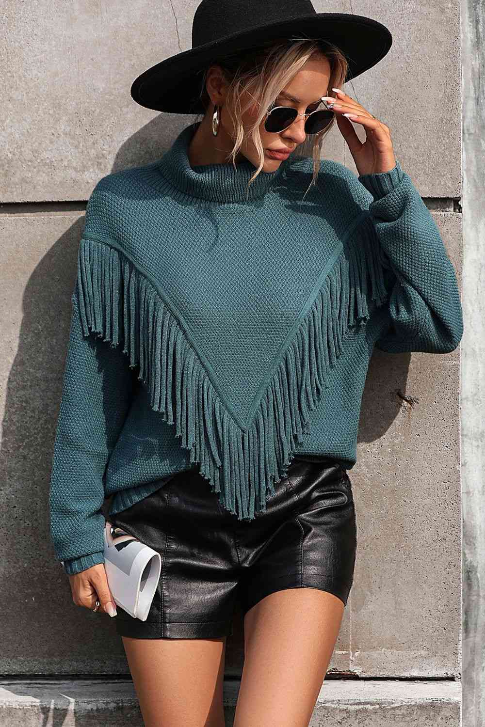 Turtle Neck Tassel Front Long Sleeve Pullover Sweater - Deals DejaVu