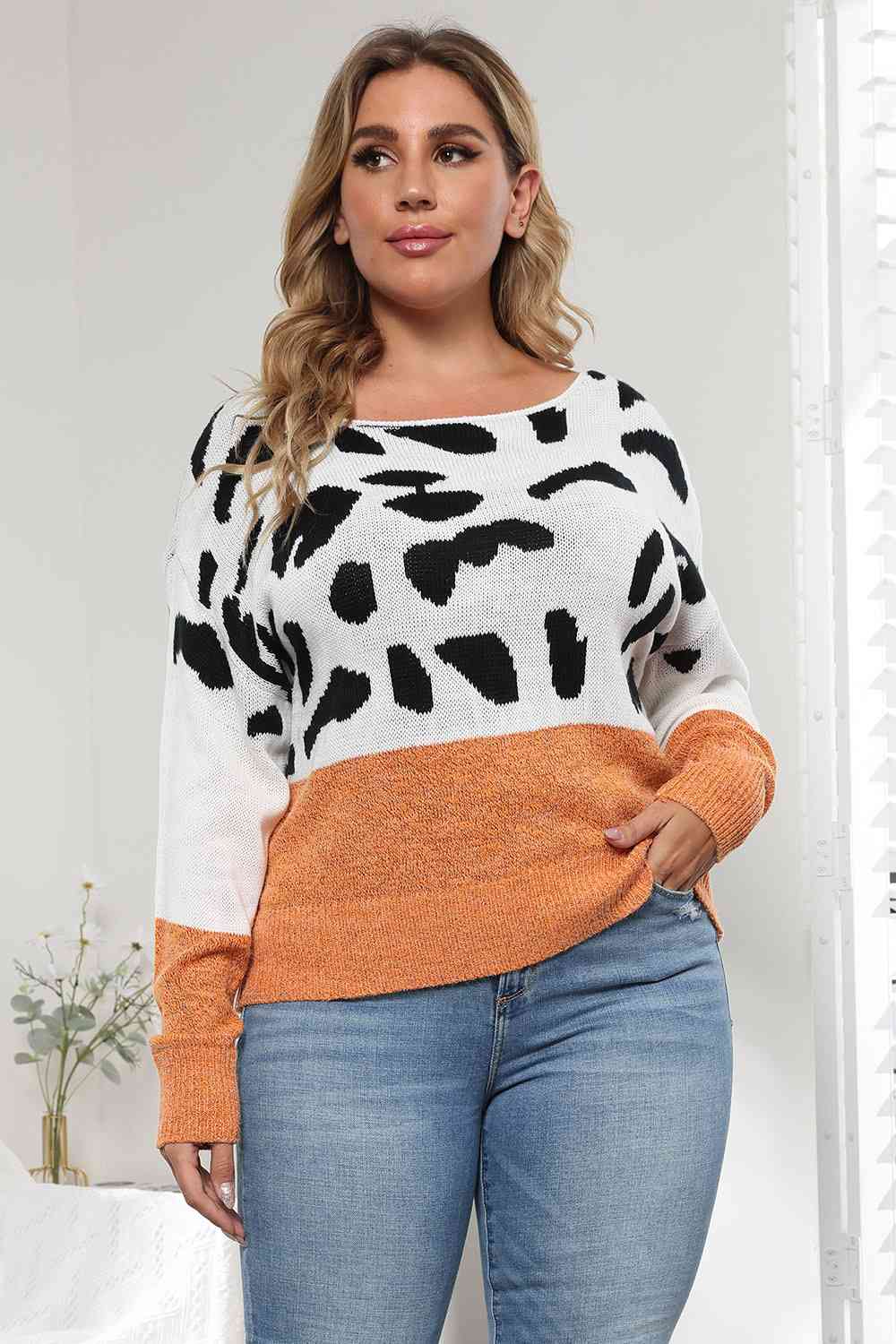 Plus Size Leopard Round Neck Long Sleeve Sweater - Deals DejaVu