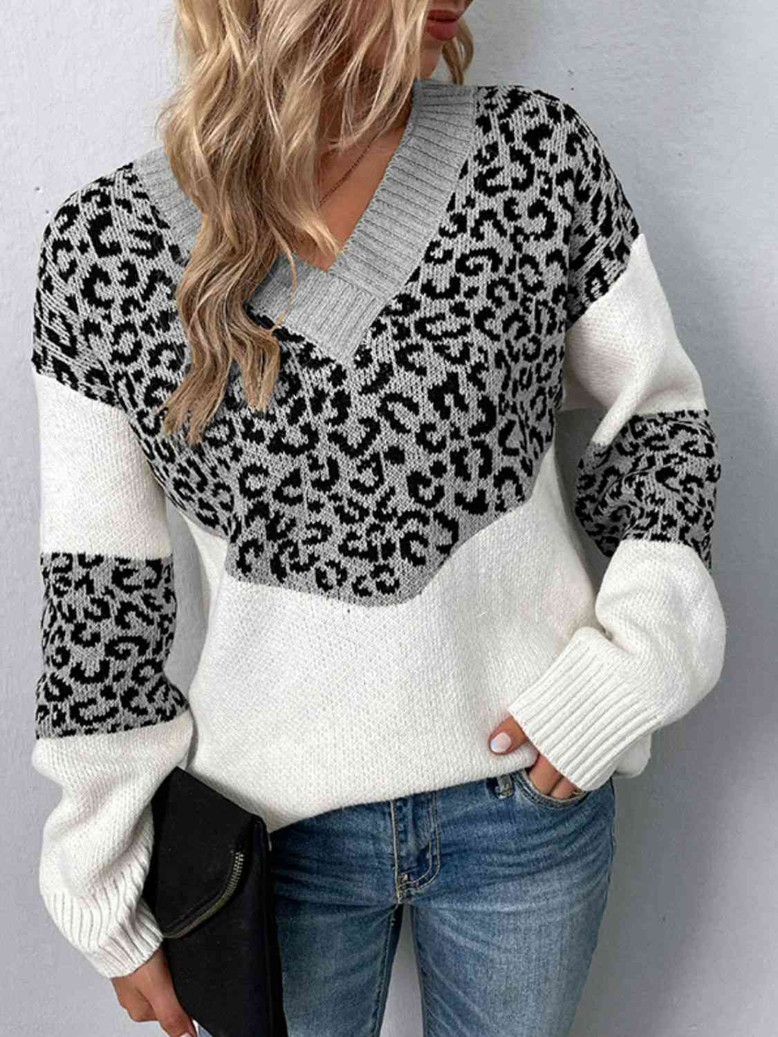 Leopard V-Neck Dropped Shoulder Sweater - Deals DejaVu