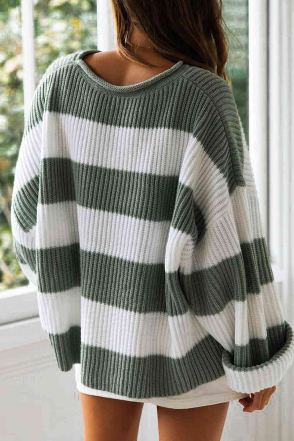 Striped Round Neck Long Sleeve Sweater - Deals DejaVu