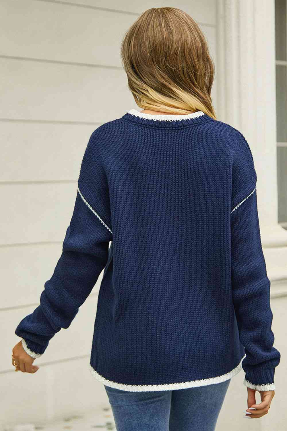 Round Neck Long Sleeve Waffle-Knit Sweater - Deals DejaVu