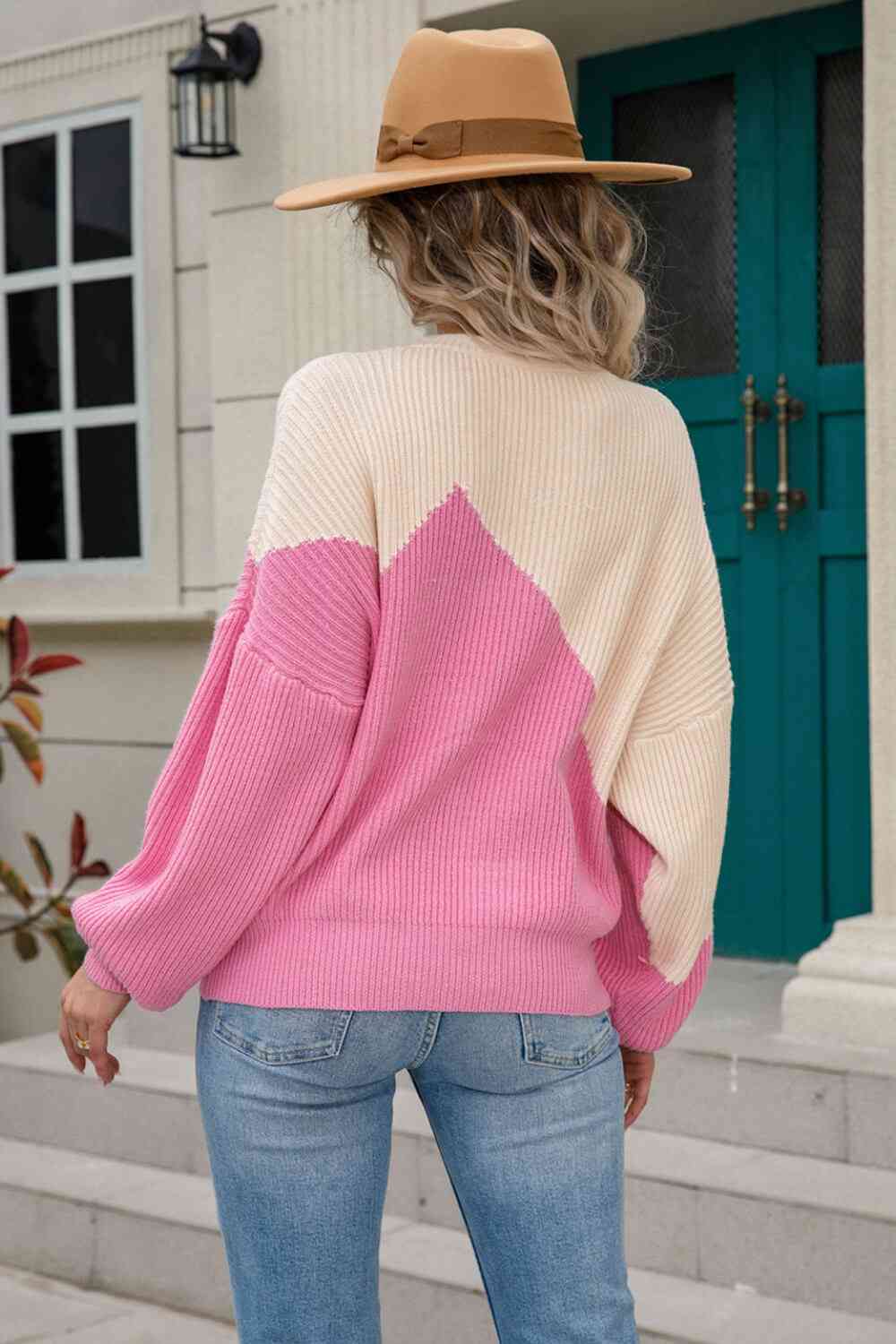 Two-Tone Round Neck Ribbed Sweater - Deals DejaVu