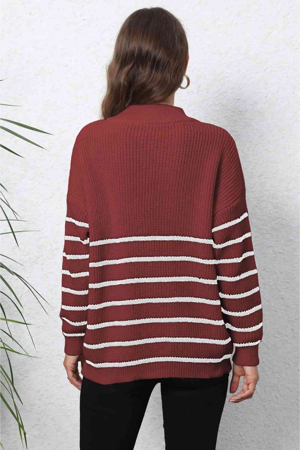 Striped Zip-Up Long Sleeve Ribbed Sweater