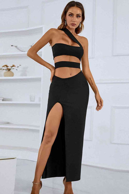 One-Shoulder Cutout Front Split Maxi Dress (BWMT) T - Deals DejaVu