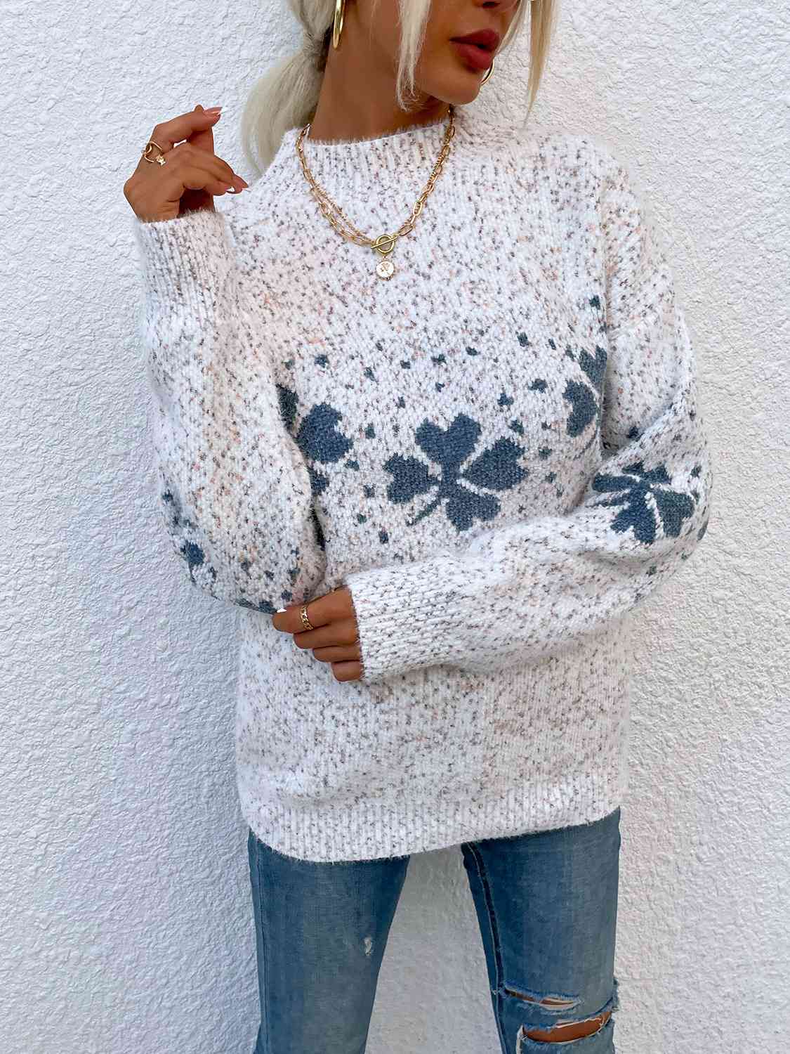 Four Leaf Clover Mock Neck Sweater - Deals DejaVu