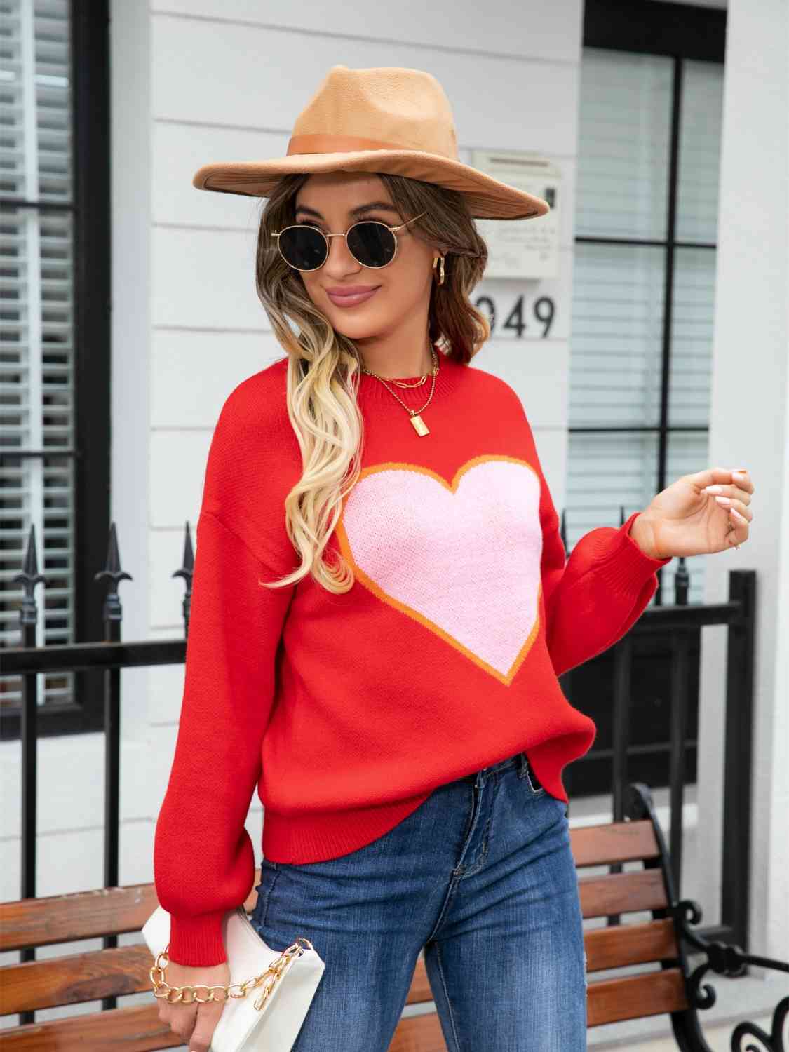 Heart Graphic Round Neck Sweater - Deals DejaVu