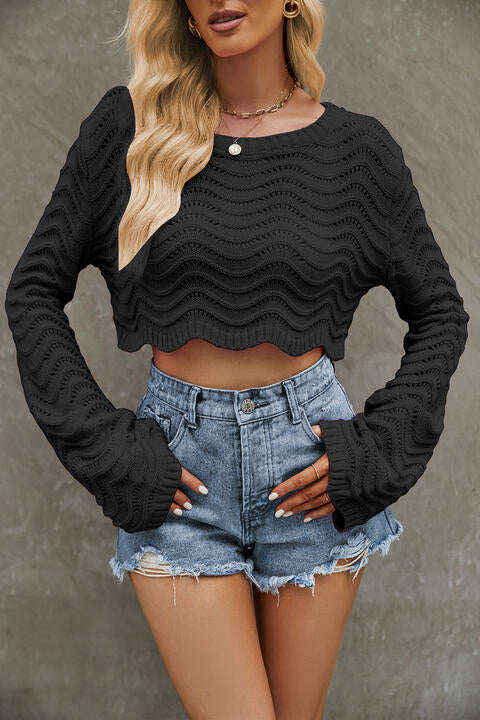 Round Neck Long Sleeve Cropped Sweater - Deals DejaVu