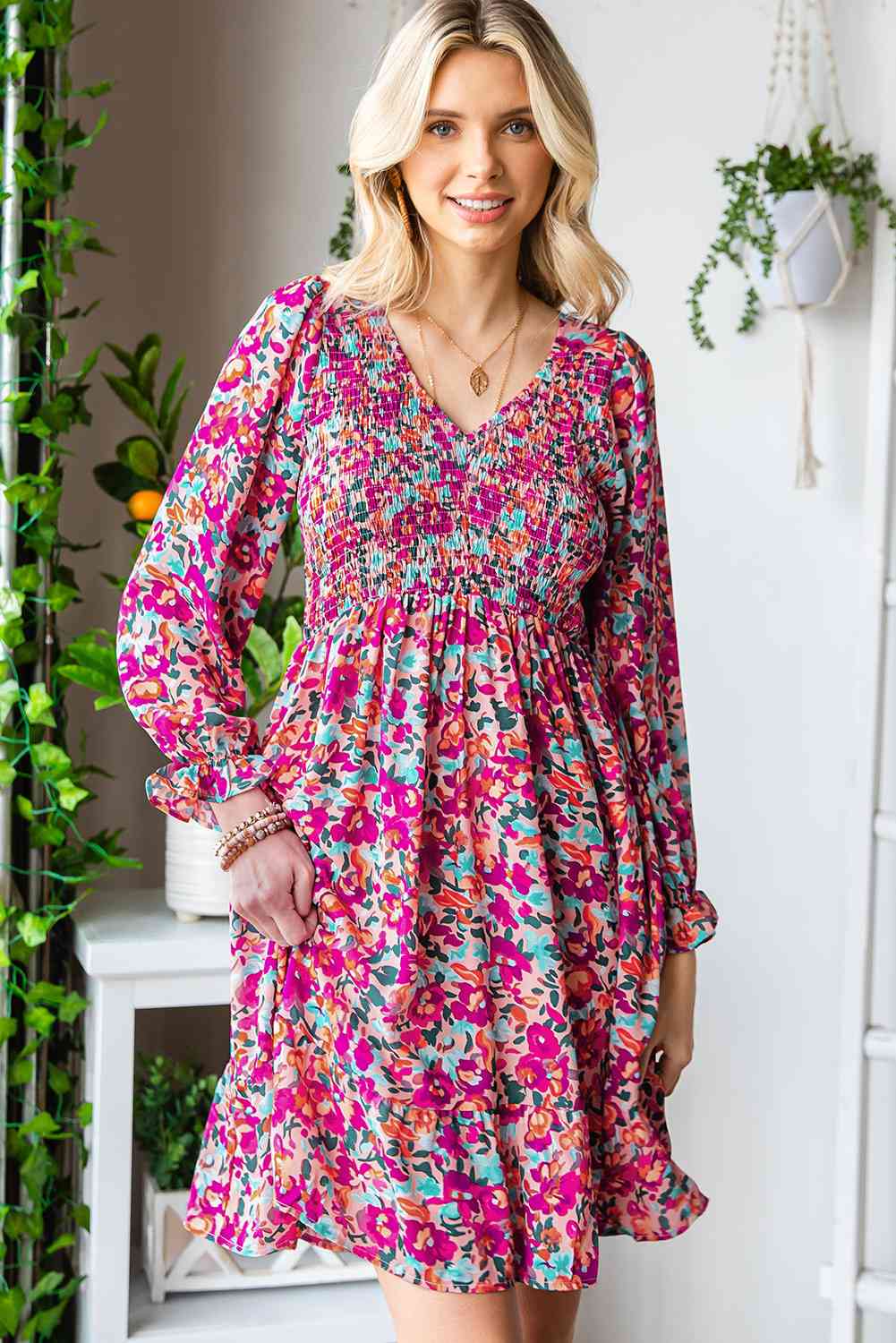 Floral Smocked V-Neck Flounce Sleeve Dress (MWBT) T - Deals DejaVu