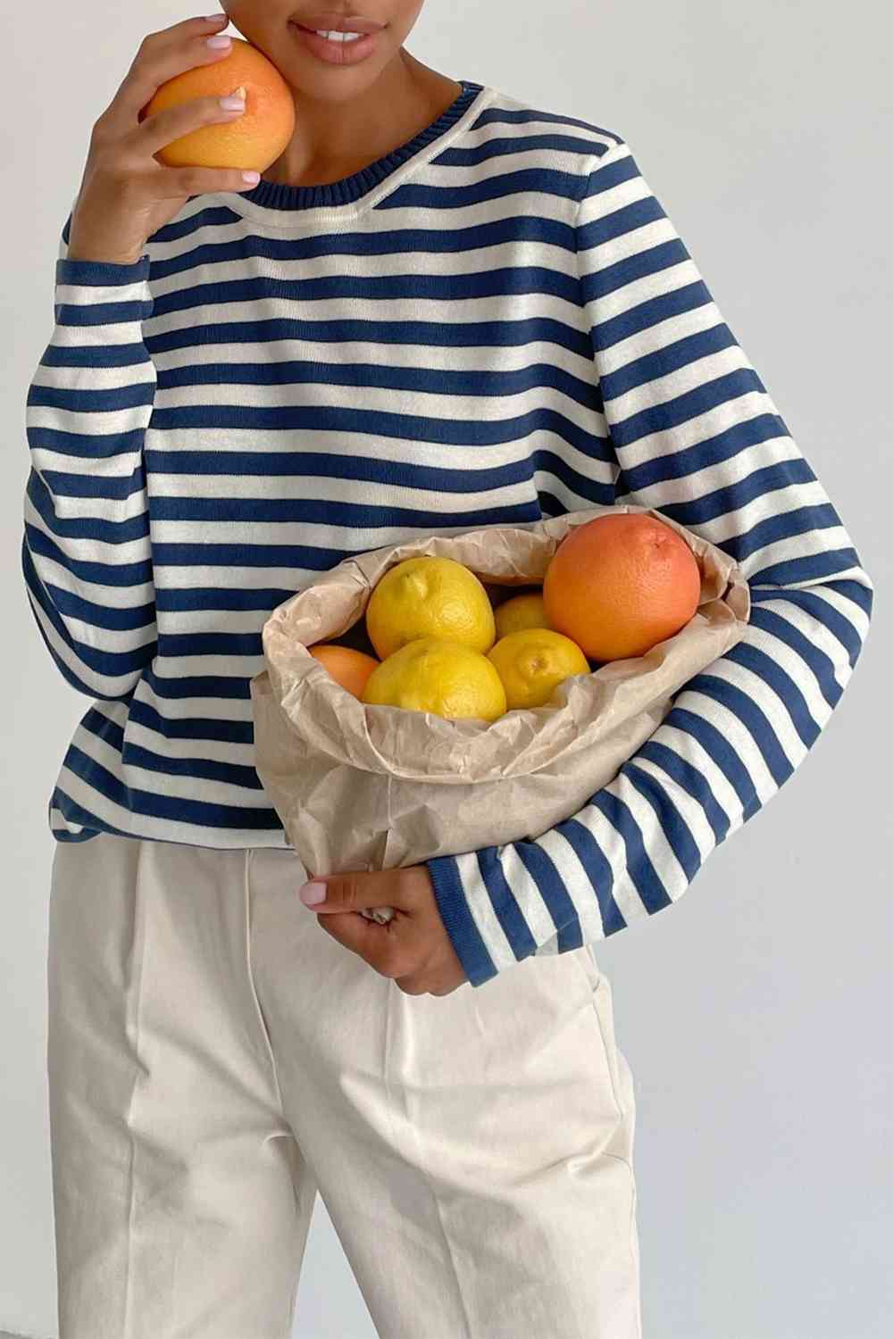 Striped Round Neck Long Sleeve Sweater - Deals DejaVu