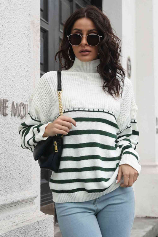 Striped Turtleneck Drop Shoulder Sweater - Deals DejaVu