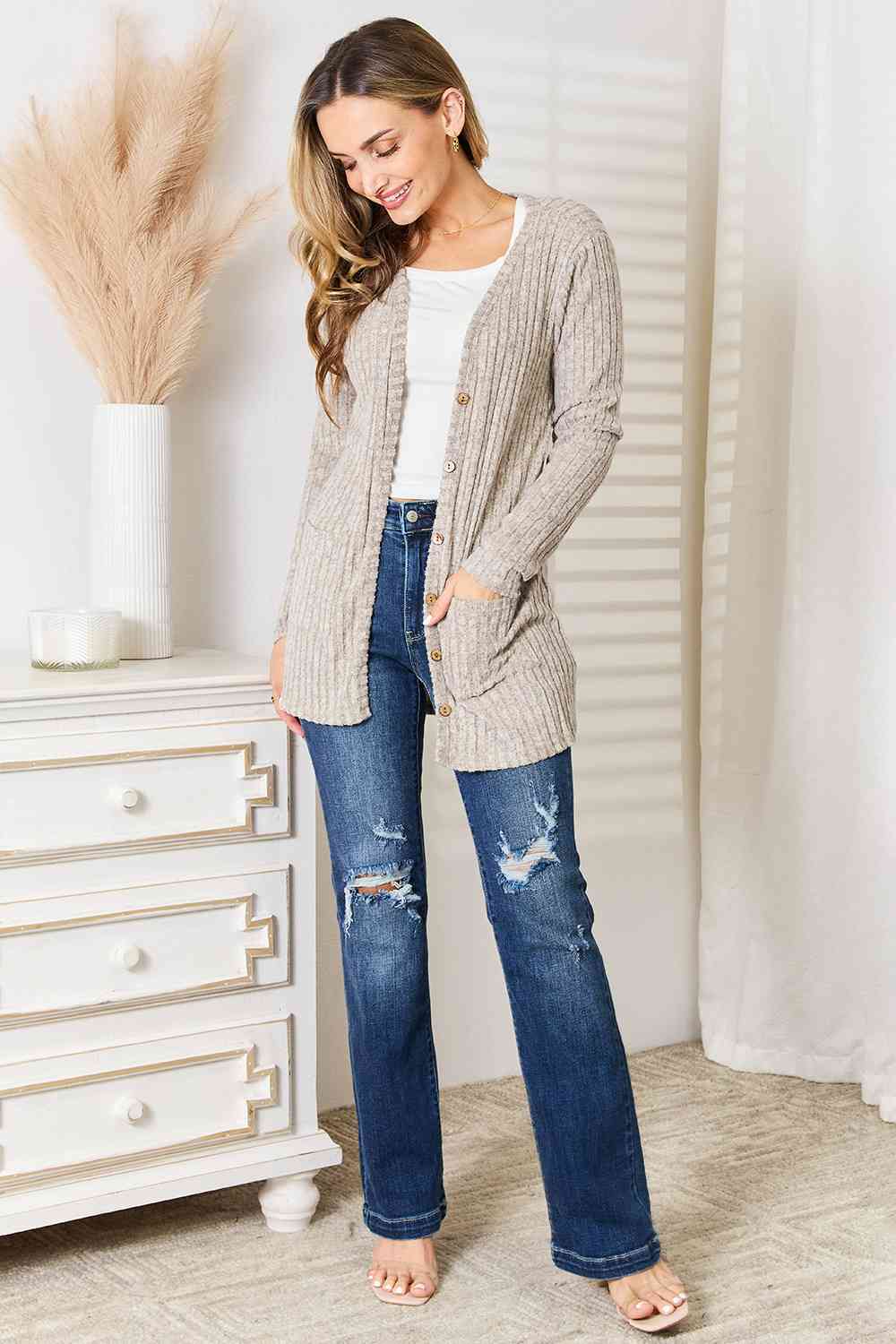 Double Take Ribbed Button-Up Cardigan with Pockets (BFD) T - Deals DejaVu