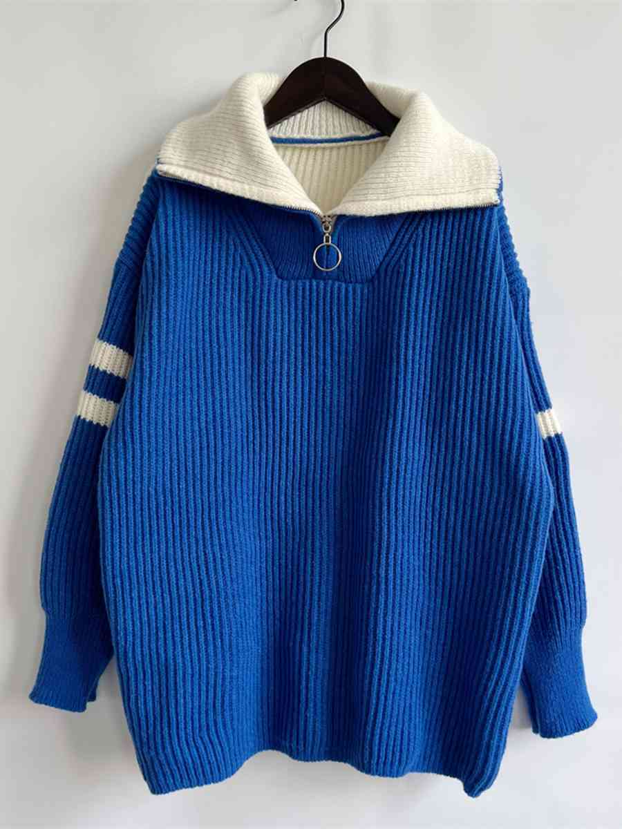 Ribbed Two-Tone Half Zip Sweater - Deals DejaVu