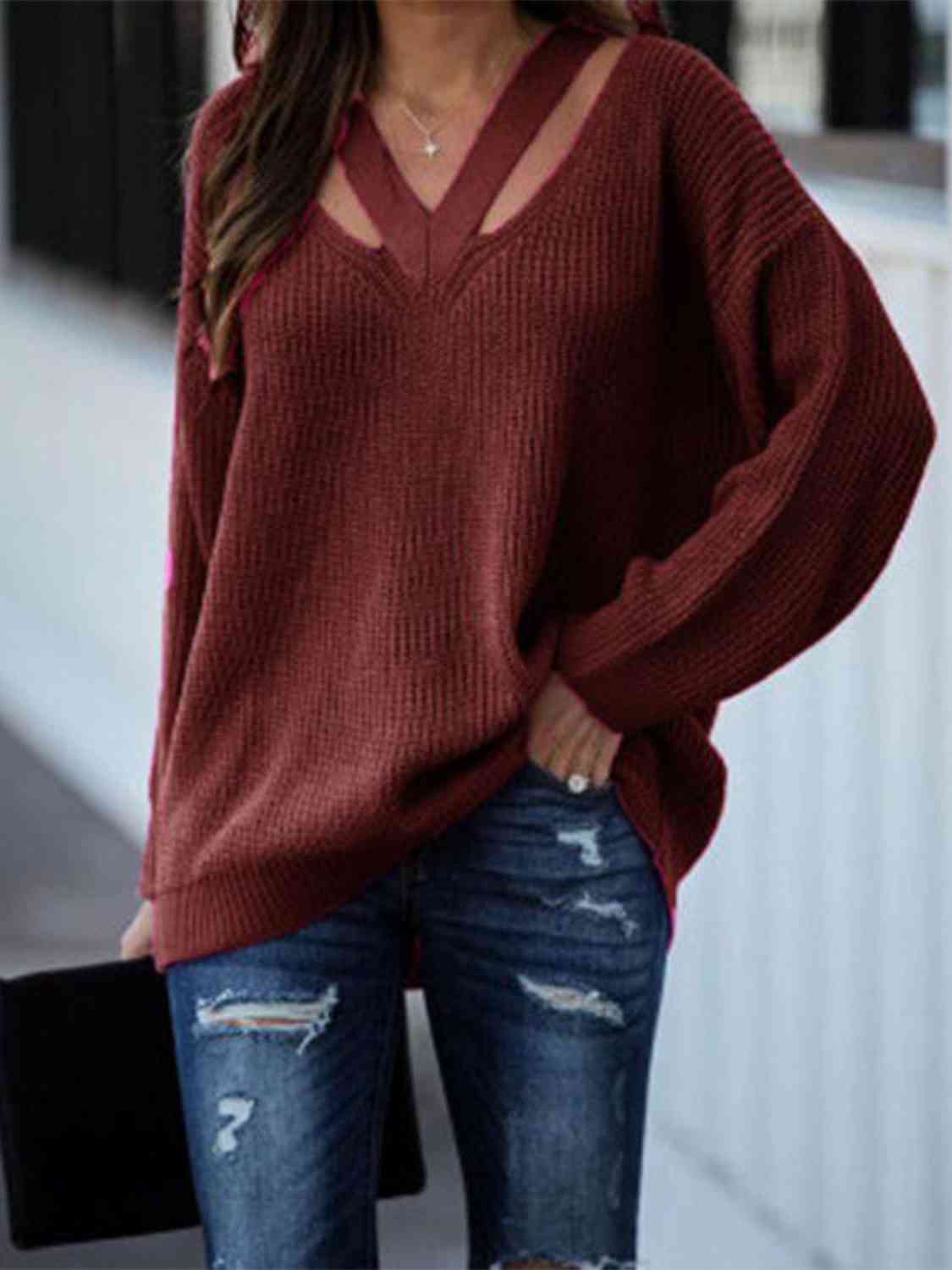 Full Size Cutout V-Neck Rib-Knit Sweater - Deals DejaVu