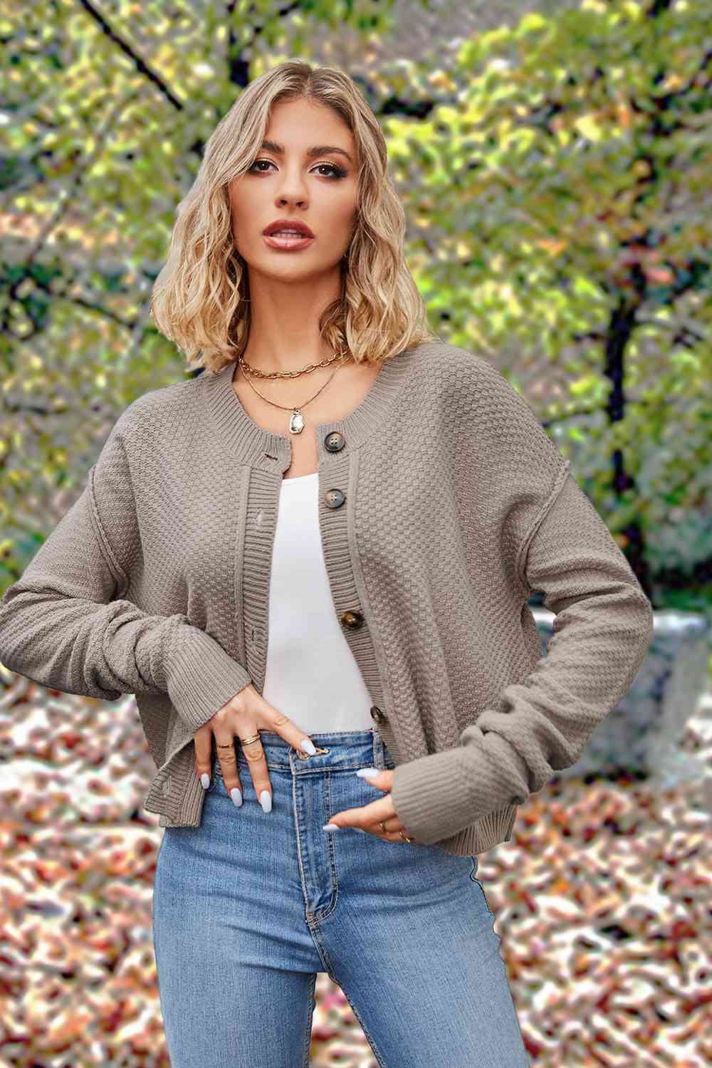 Button Up Round Neck Drop Shoulder Cardigan