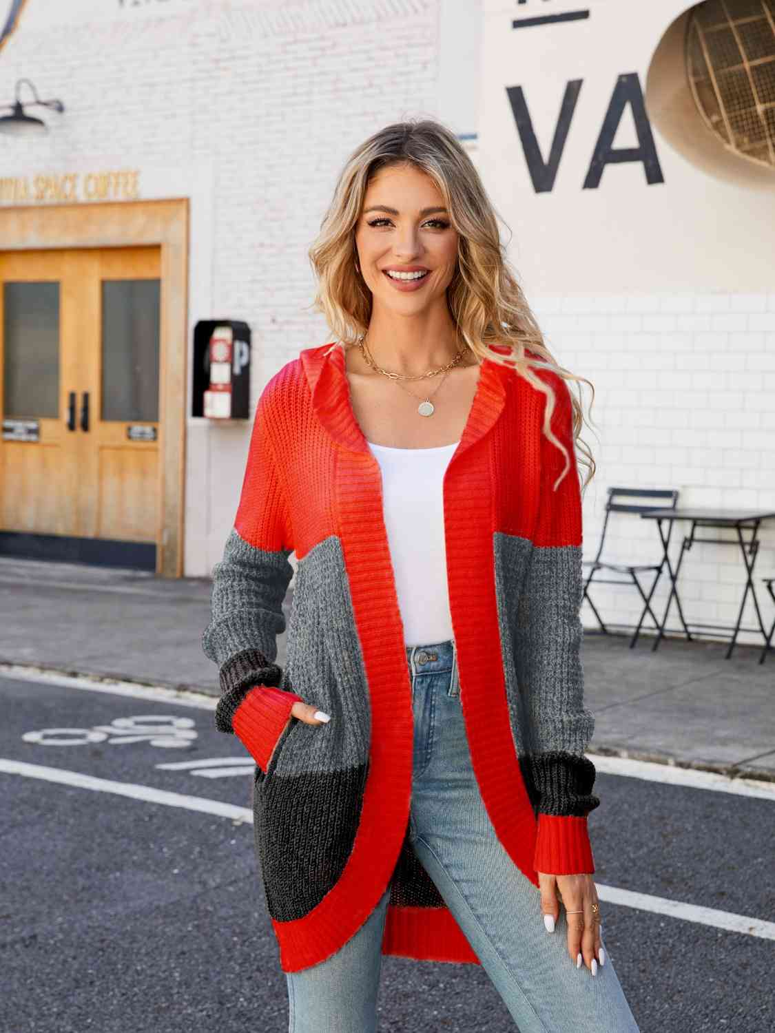 Color Block Open Front Hooded Cardigan (BFD) T - Deals DejaVu