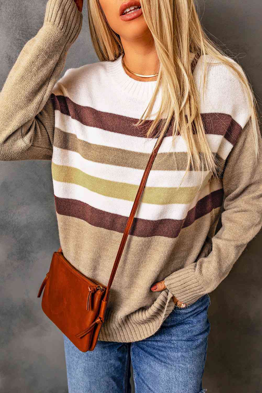 Striped Ribbed Trim Drop Shoulder Sweater - Deals DejaVu