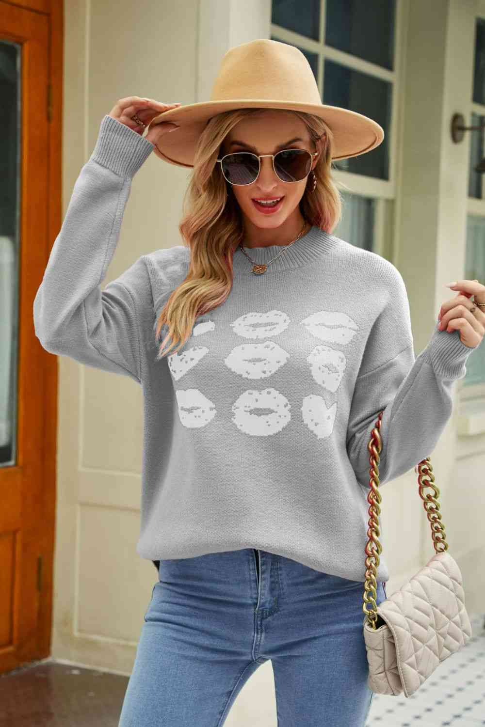 Woven Right Lip Graphic Slit Dropped Shoulder Sweater - Deals DejaVu