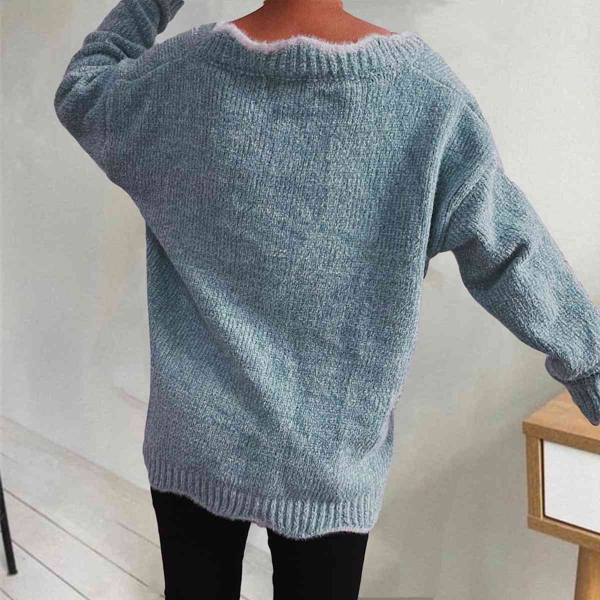 V-Neck Drop Shoulder Long Sleeve Sweater - Deals DejaVu