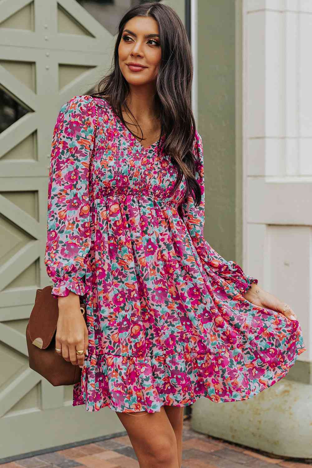 Floral Smocked V-Neck Flounce Sleeve Dress (MWBT) T - Deals DejaVu