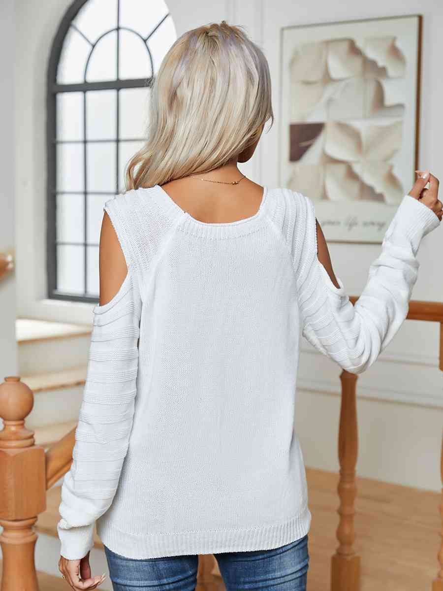 Decorative Button Cold-Shoulder Sweater - Deals DejaVu