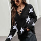 Star Pattern Lace-Up Drop Shoulder Sweater