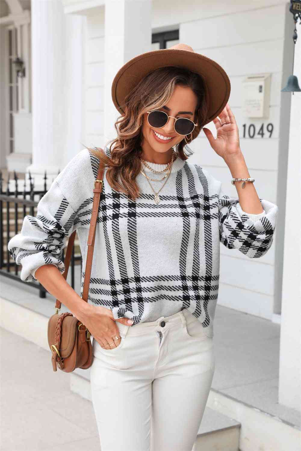 Printed Round Neck Dropped Shoulder Sweater - Deals DejaVu