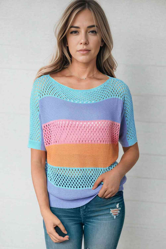 Color Block Openwork Round Neck Pullover Sweater - Deals DejaVu