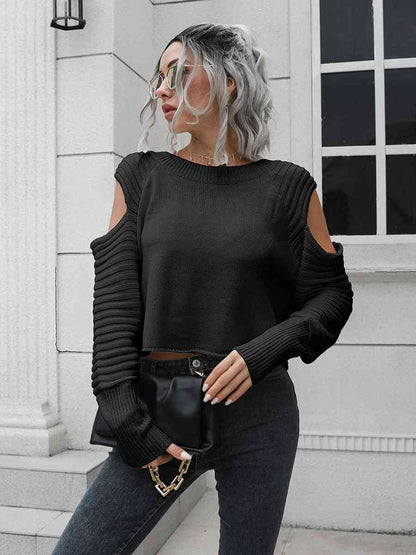 Cold-Shoulder Ribbed Trim Sweater - Deals DejaVu