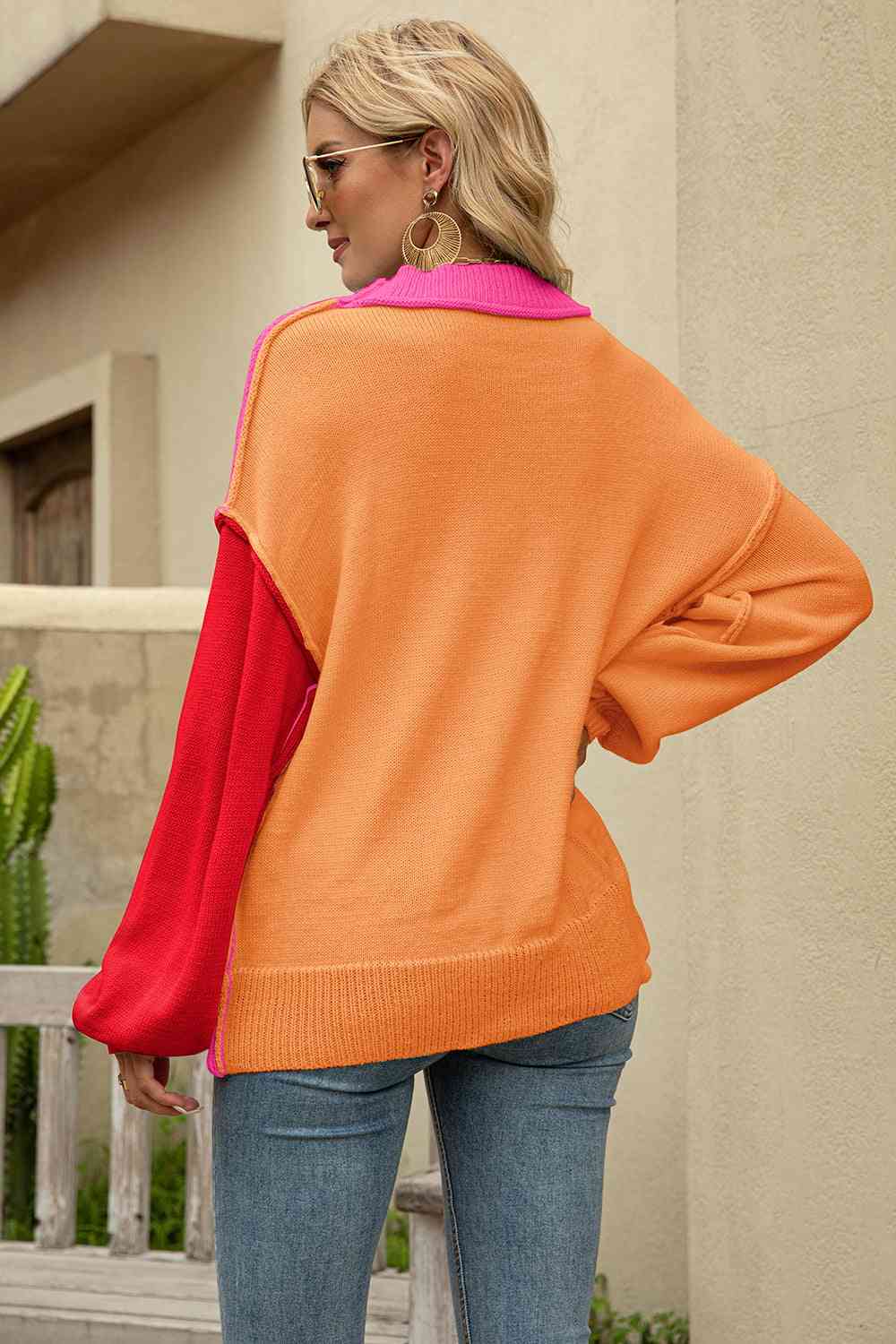 Color Block Round Neck Dropped Shoulder Sweater