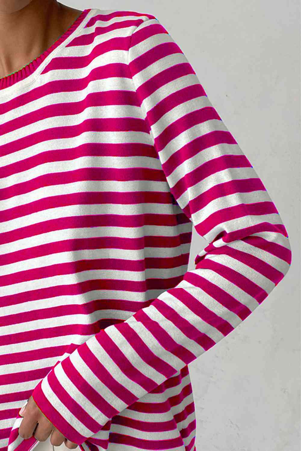 Striped Round Neck Long Sleeve Sweater - Deals DejaVu