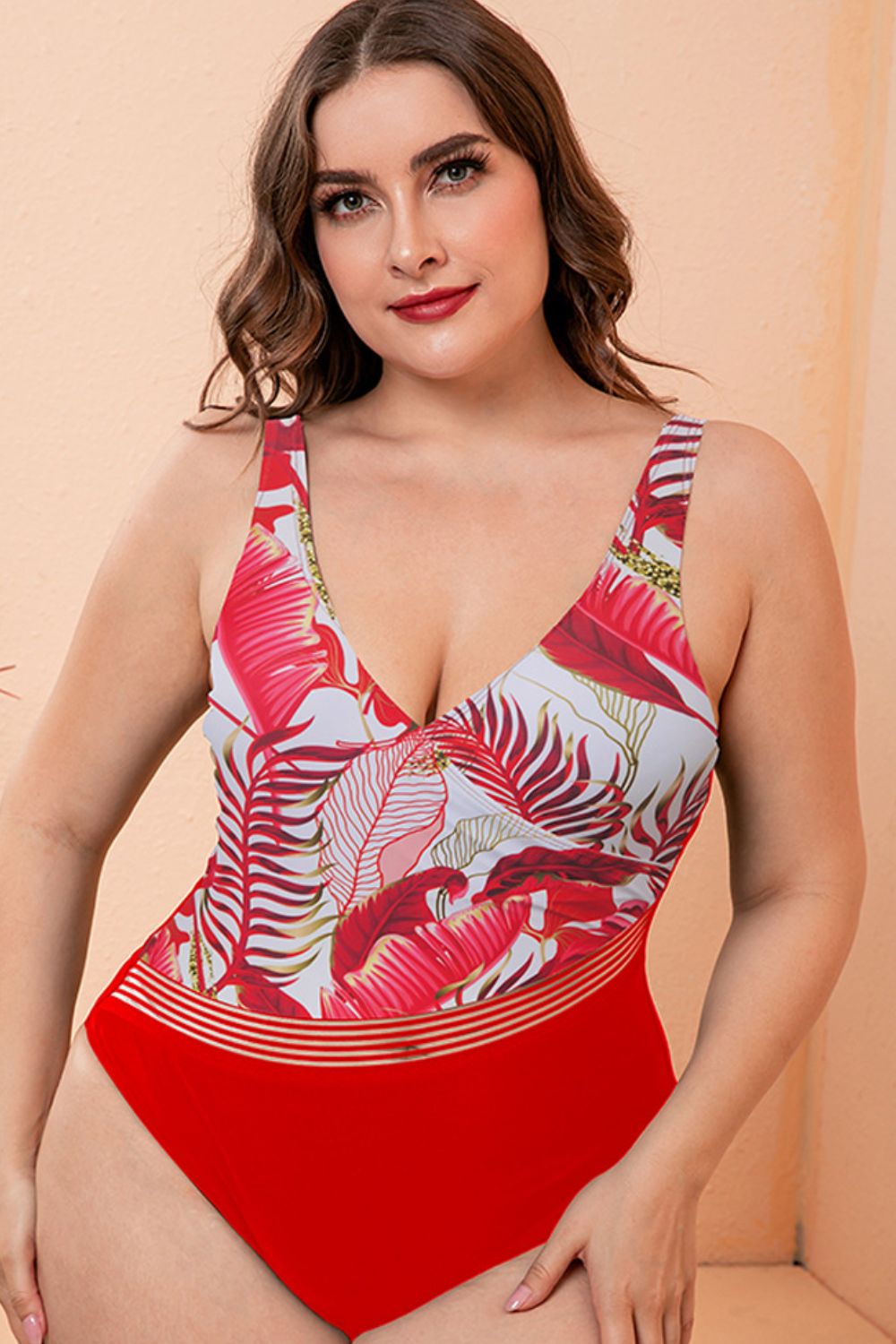 Full Size Two-Tone Plunge One-Piece Swimsuit (TB10D) T