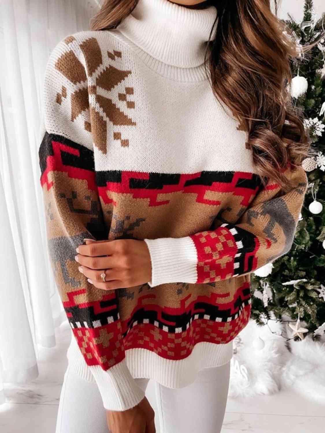 Reindeer Turtleneck Drop Shoulder Sweater - Deals DejaVu