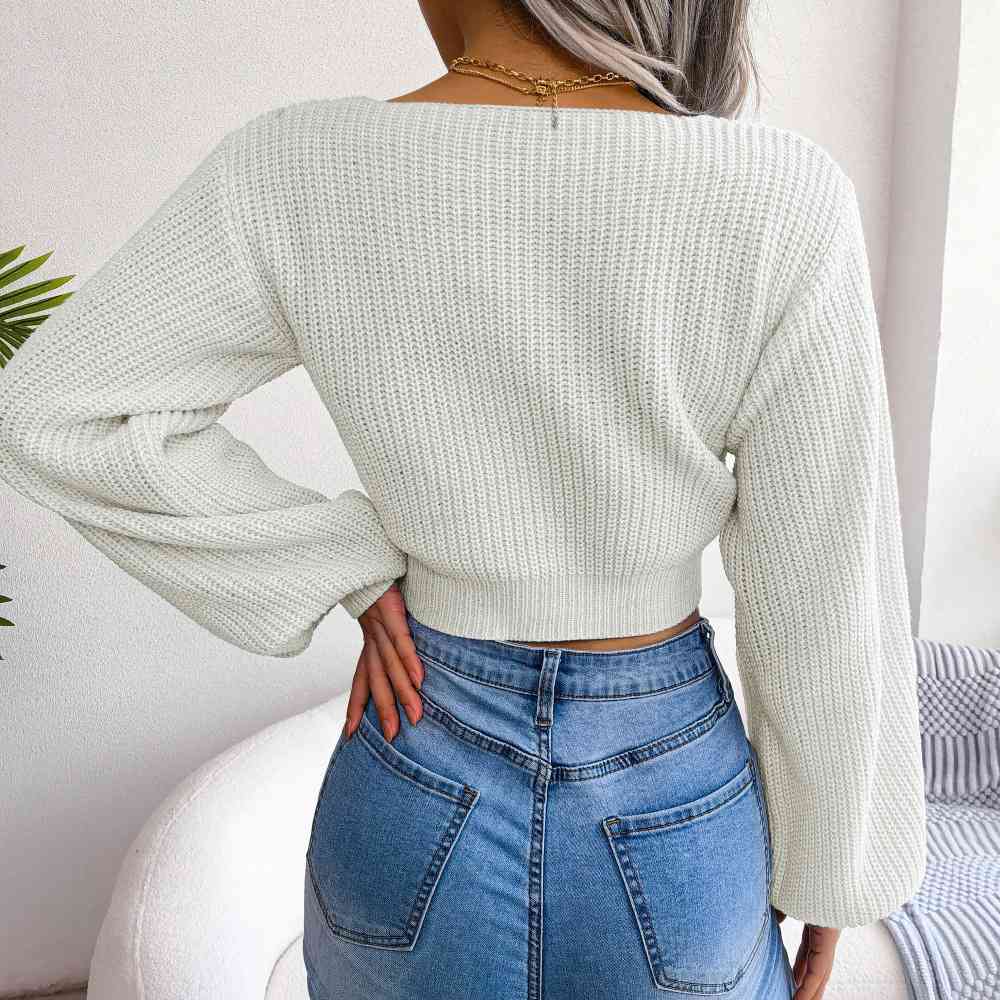 Tie-Front Rib-Knit Cropped Sweater - Deals DejaVu