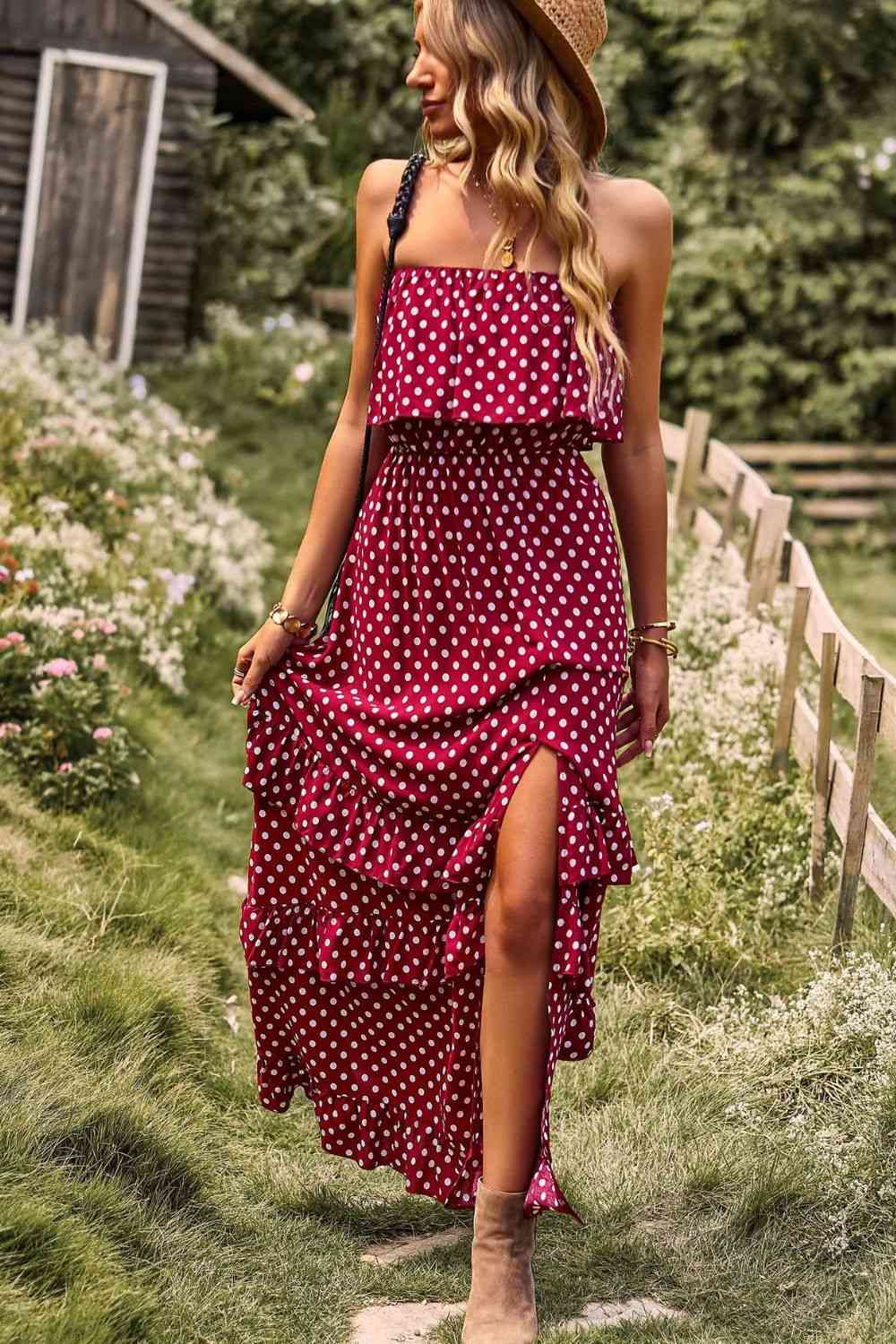Polka Dot Strapless Slit Ruffled Maxi Dress (BWMT) T - Deals DejaVu